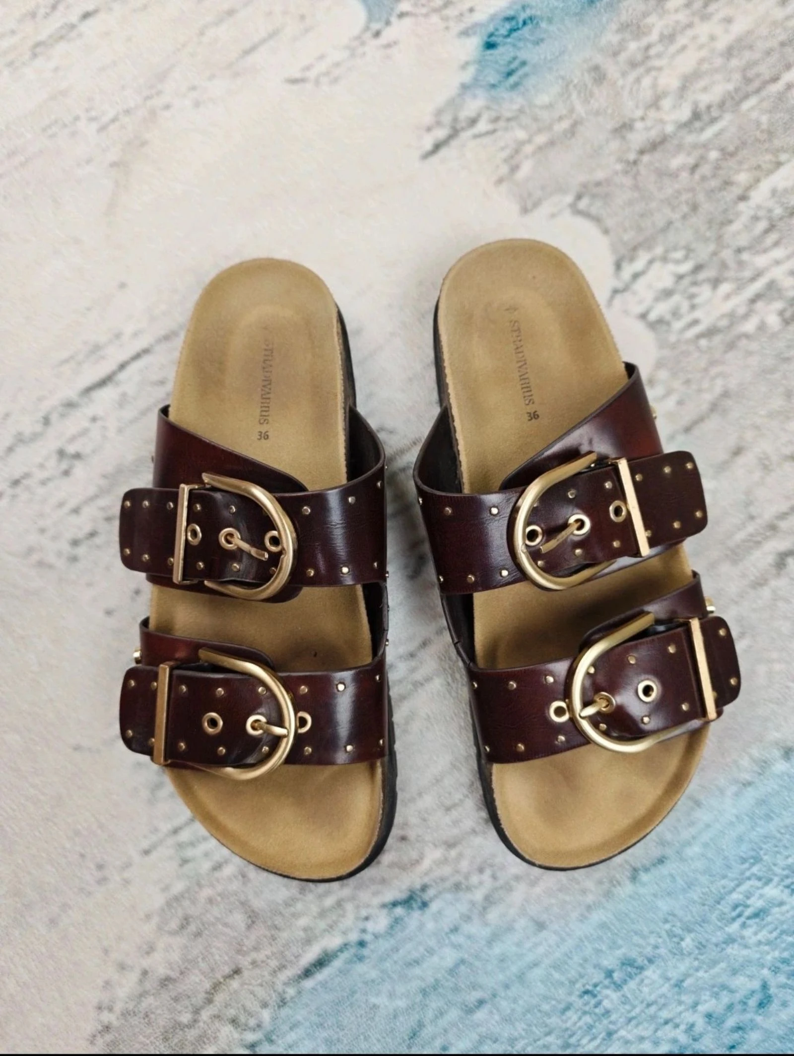 Stradivarius Western Buckle Slide Sandals Brown Gold Studded Double Strap Boho Chic Size 36 – photo 6